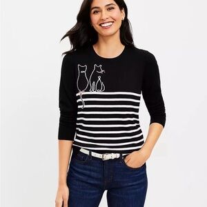 LOFT Black and White Stripe Sweater with White Cat Outline